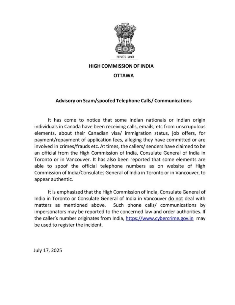 Canada: ਕੈਨੇਡਾ ’ਚ ਰਹਿ ਰਹੇ ਭਾਰਤੀਆਂ ਲਈ ਐਡਵਾਈਜ਼ਰੀ ਜਾਰੀ